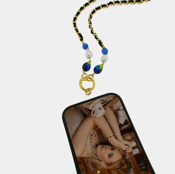 Catena per Cellulare catena nera e cristalli blu — collezione acqua alta