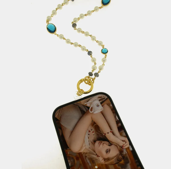Catena per Cellulare cristalli azzurri e perle — collezione acqua alta