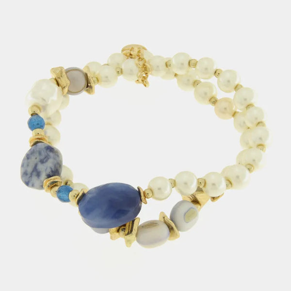 Bracciale in Metallo multifilo con perle bianche e pietre blu — collezione burano