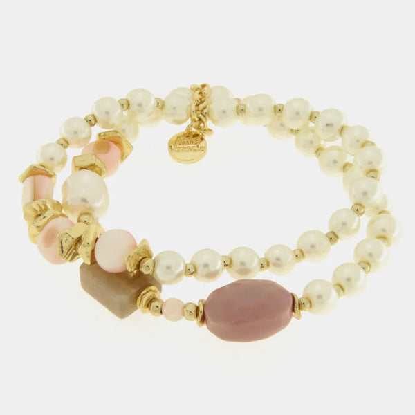 Bracciale in Metallo multifilo con perle bianche e pietre rosa — collezione burano