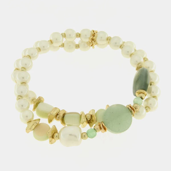 Bracciale in Metallo multifilo con perle bianche e pietre verdi — collezione burano