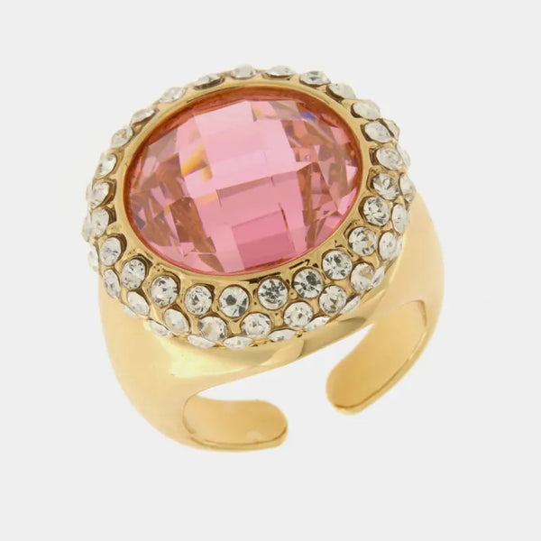 Anello in Metallo con pietra rosa centrale impreziosito da cristalli — collezione CANAL GRANDE