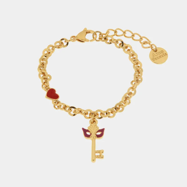 Bracciale in Metallo con chiave pendente in smalto rosso con maschera — collezione cannareggio