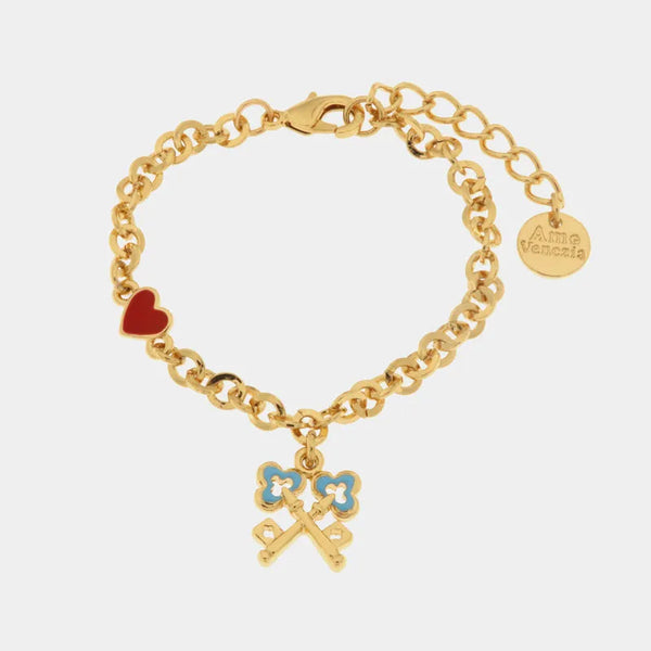 Bracciale in Metallo con chiavi intrecciate in smalto azzurro e cuore rosso — collezione cannareggio