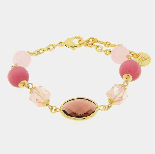 Bracciale in Metallo con cristallo rosa e perle — collezione doge