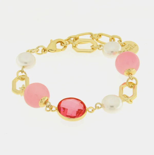 Bracciale in Metallo con cristallo rosa e perle — collezione doge