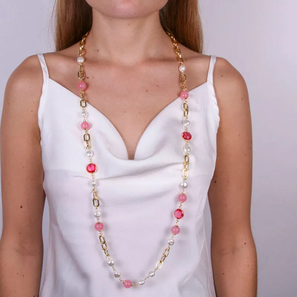 Collana in Metallo con catene e perle bianche e rosa — collezione doge