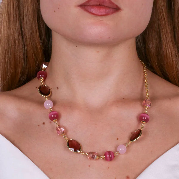 Collana in Metallo con cristalli e perle rosa — collezione doge