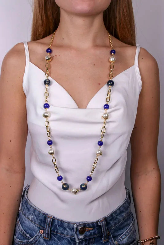 Collana in Metallo con perle nera , bianca e blu — collezione doge