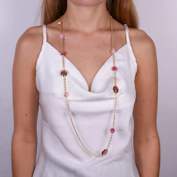 Collana in Metallo lunga con cristalli e perle rosa — collezione doge