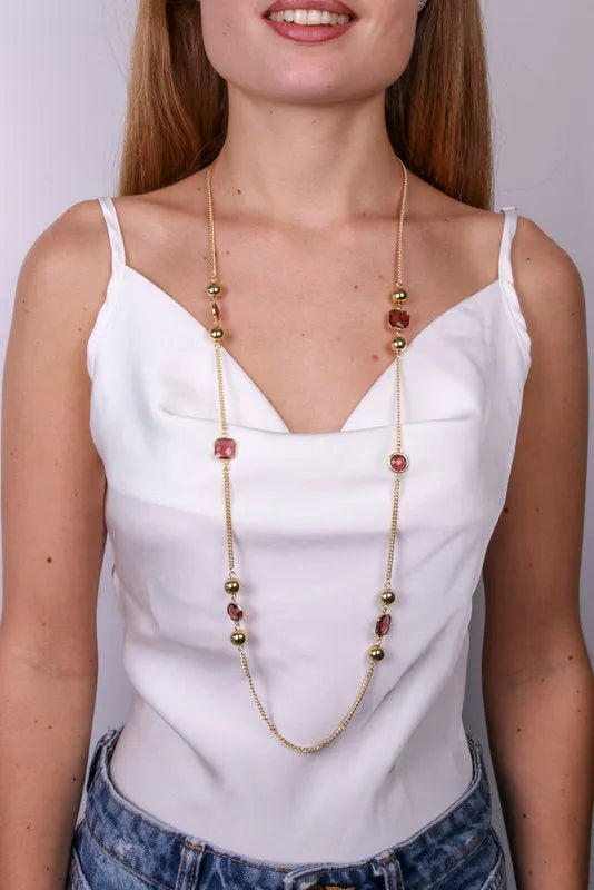 Collana in Metallo lunga con pietre marroni e perle lucide — collezione doge