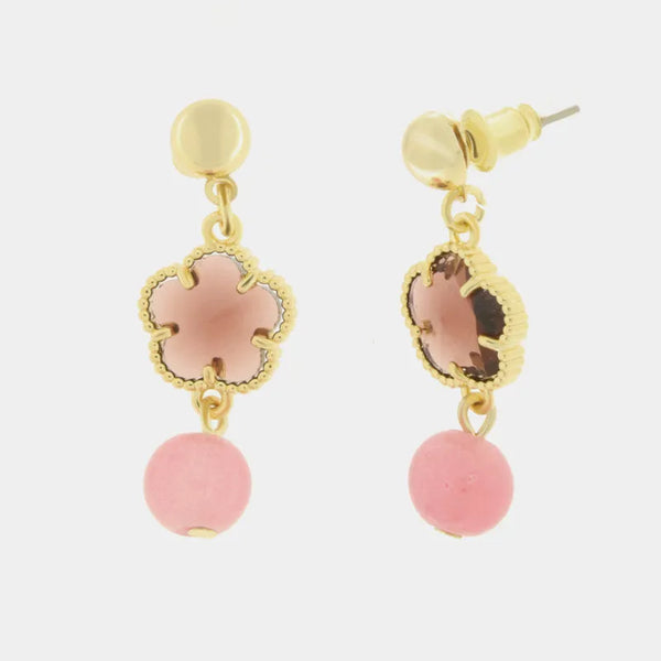 Orecchini in Metallo con cristallo a forma di fiore rosa e perla — collezione doge
