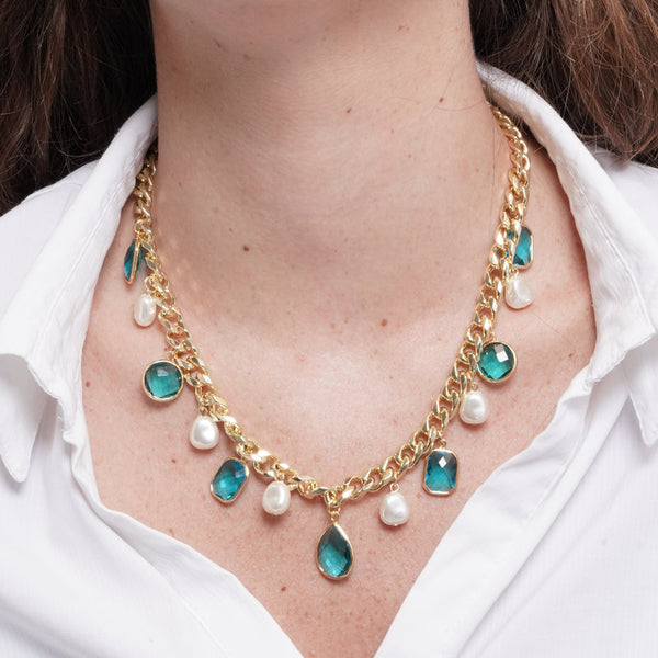 Collana in Metallo giro di perle e cristalli azzurri — collezione dolce laguna