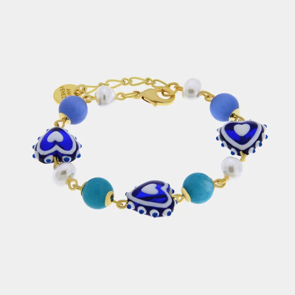 Bracciale in Metallo con Murano Stone pietre bianche e cuore blu — collezione golden murano