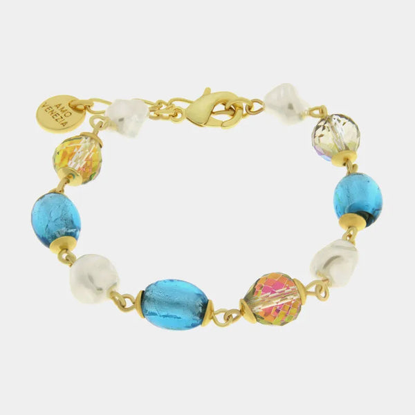 Bracciale in Metallo con pietre ovali turchesi arancio, dorato — collezione golden murano