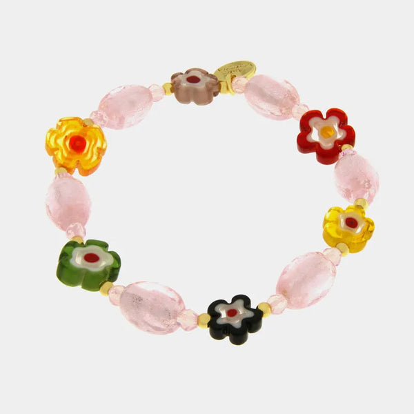 Bracciale in Metallo elastico con murano stone e fiori colorati e pietre rosa — collezione golden murano