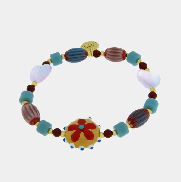 Bracciale in Metallo elastico con perle multicolor e fiore giallo e rosso — collezione golden murano
