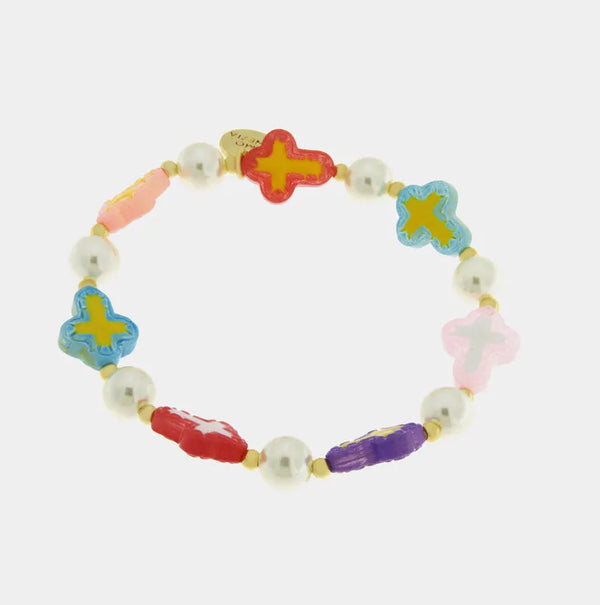 Bracciale in Metallo elastico con pietre bianche e croci colorate — collezione golden murano