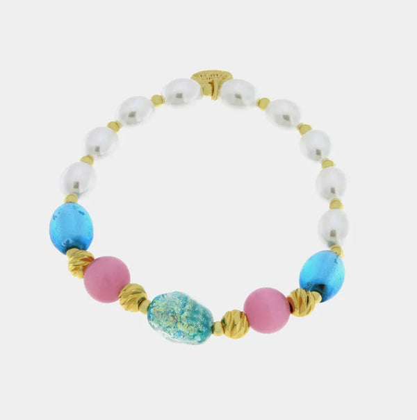 Bracciale in Metallo elastico con pietre bianche, rosa e azzurre — collezione golden murano