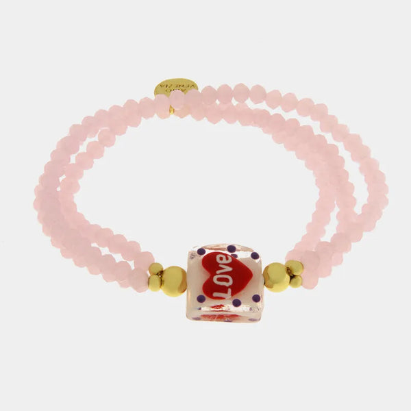 Bracciale in Metallo elastico multifilo con pietre rosa e cuore rosso — collezione golden murano