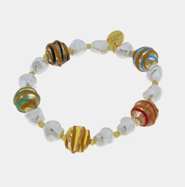 Bracciale in Metallo elastico con Murano Stone con pietre bianche e colorate — collezione golden murano