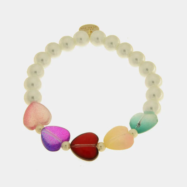 Bracciale in Metallo elastico con Murano Stone con pietre bianche e cuori colorati — collezione golden murano