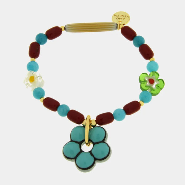 Bracciale in Metallo elastico con Murano Stone con pietre rosse e turchesi e fiore turchese — collezione golden murano