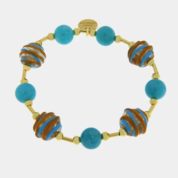 Bracciale in Metallo elastico con Murano Stone con sfere azzurre — collezione golden murano