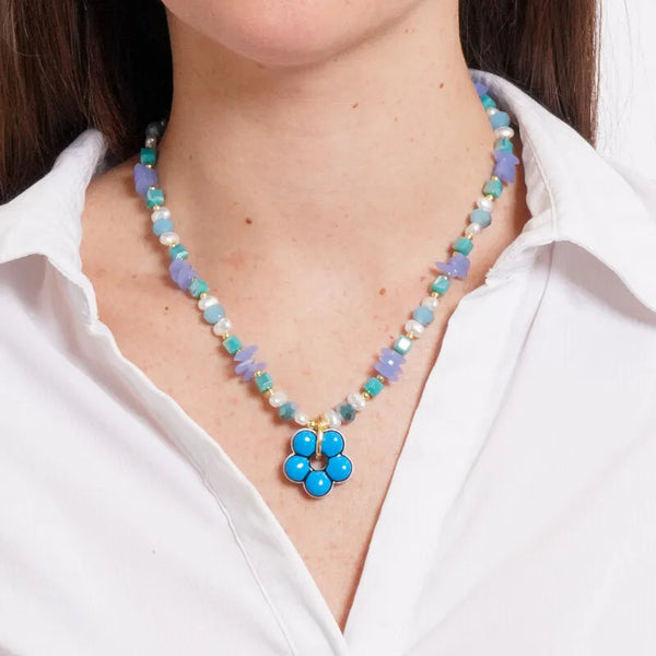 Collana in Metallo con fiore blu centrale, elegante — collezione golden murano