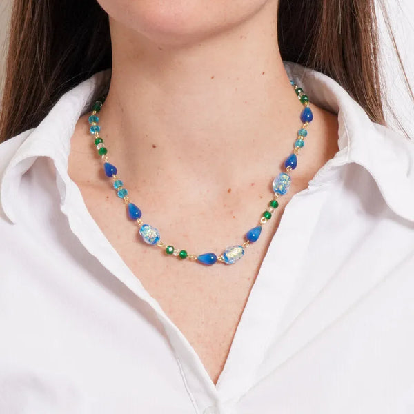 Collana in Metallo con Murano Stone pietre azzurre e turchesi — collezione golden murano