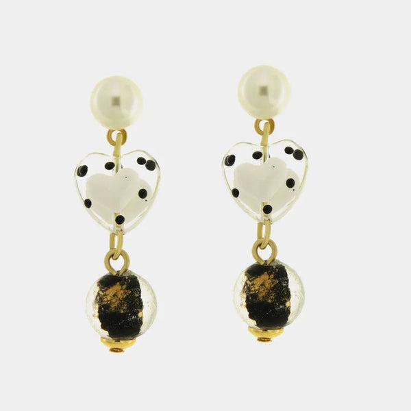 Orecchini in Metallo con cuore a pois bianco e nero e pietre nere pendenti — collezione golden murano