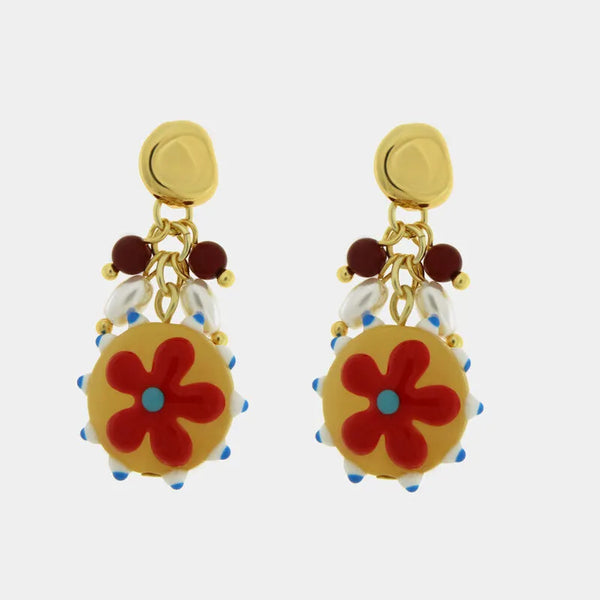 Orecchini in Metallo con Murano Stone fiore rosso e giallo — collezione golden murano