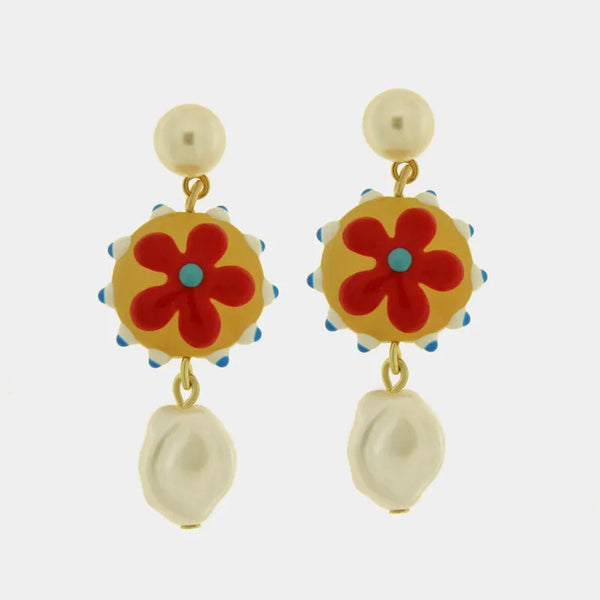 Orecchini in Metallo con Murano stone fiore rosso e sfere ovali pendenti — collezione golden murano