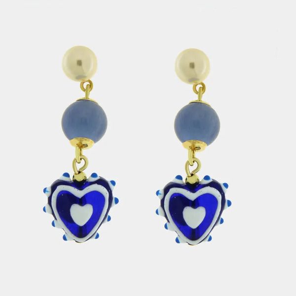 Orecchini in Metallo con Murano Stone sfere blu e cuore pendente blu — collezione golden murano