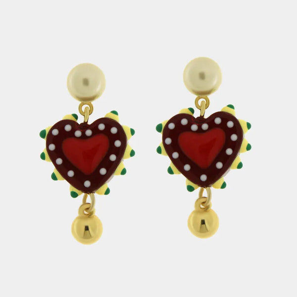 Orecchini in Metallo con Murano Stone sfere e cuore rosso pendente — collezione golden murano