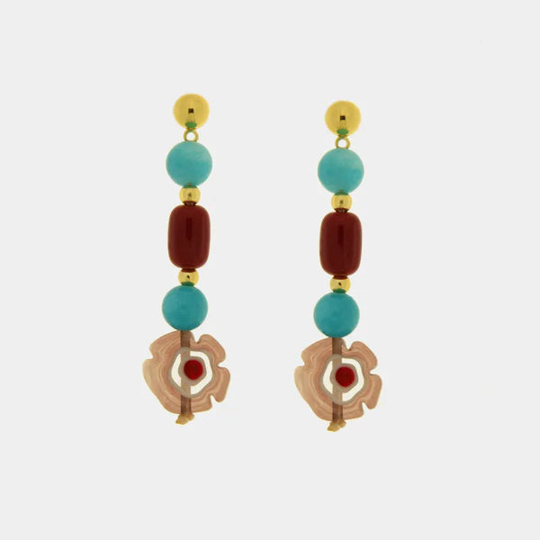 Orecchini in Metallo con pietre azzurre e rosse e fiore rosa pendente — collezione golden murano