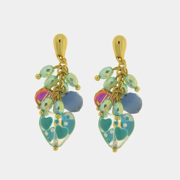 Orecchini in Metallo con pietre multicolor e cuore turchese pendente — collezione golden murano