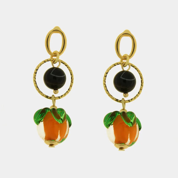 Orecchini in Metallo con sfere nere e arancio pendenti — collezione golden murano