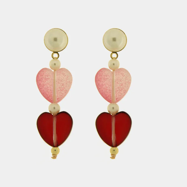 Orecchini in Metallo Cuore rosso bordeaux, goccia rosa, romantico — collezione golden murano