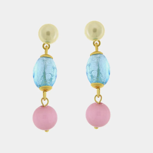 Orecchini in Metallo Gocce azzurro e rosa pastello, pendente delicato — collezione golden murano