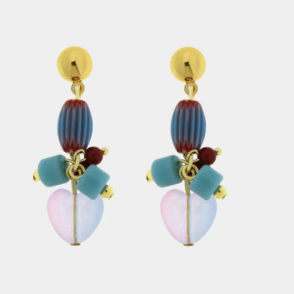 Orecchini in Metallo Petali blu, lilla e azzurro, pendente vivace — collezione golden murano