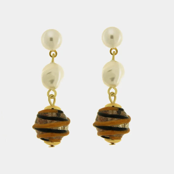 Orecchini in Metallo Sfera dorata, perla occhio di tigre, pendente — collezione golden murano