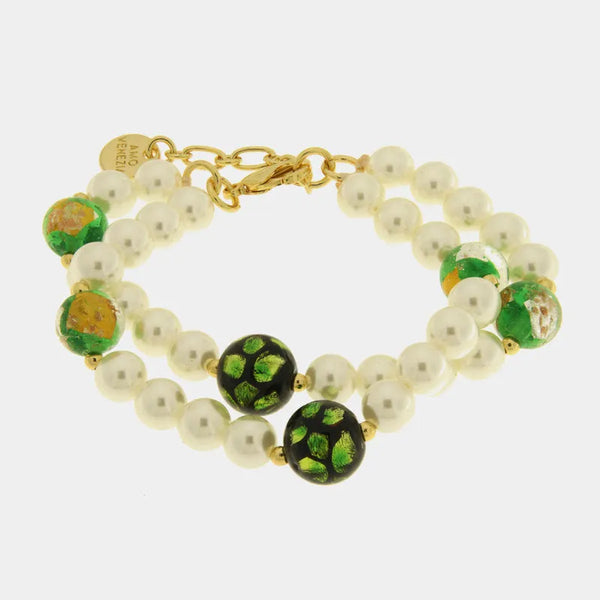Bracciale in Metallo con doppio giro di perle e cristalli verdi — collezione gondola