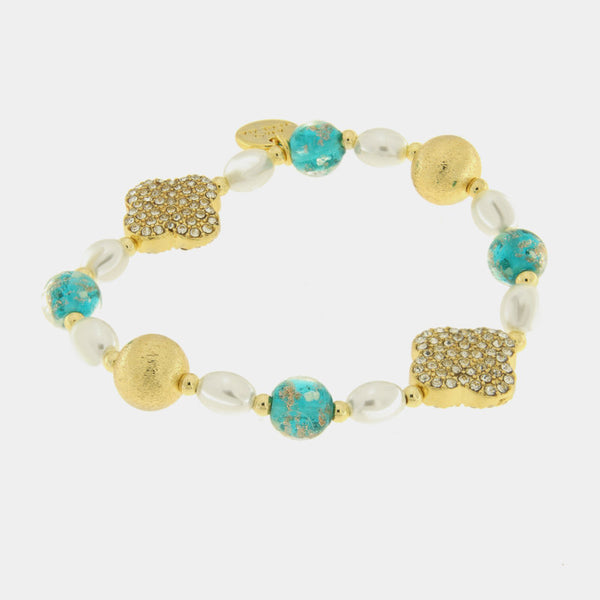 Bracciale in Metallo pietre azzurri di Murano con fiori e perle — collezione gondola