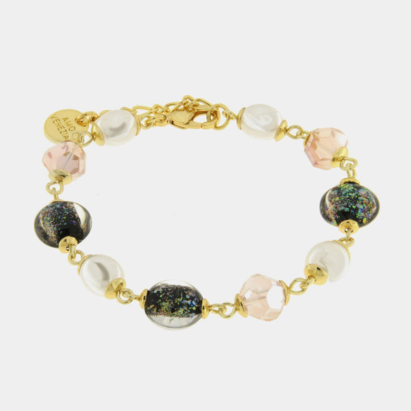 Bracciale in Metallo pietre blu e rosa di Murano e perle — collezione gondola
