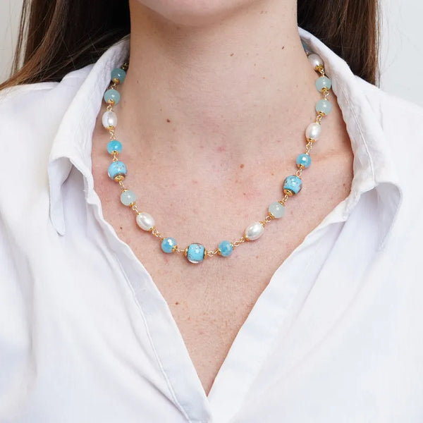 Collana in Metallo con cristalli blu ispirati al vetro di Murano — collezione gondola