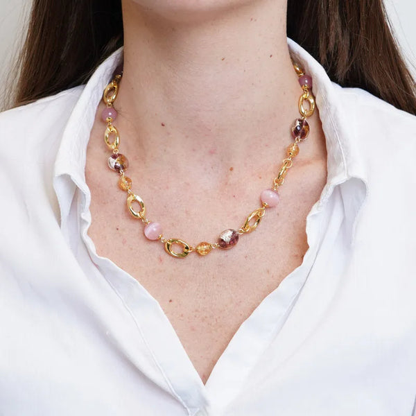 Collana in Metallo con cristalli rosa ispirati al vetro di Murano — collezione gondola