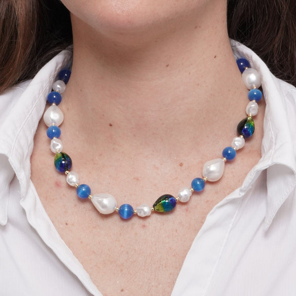 Collana in Metallo pietre blu di Murano e perle — collezione gondola