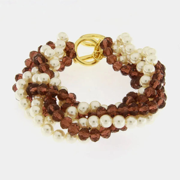Bracciale in Metallo con perline bianche e marroni intrecciate — collezione lido