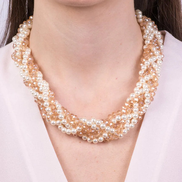 Collana in Metallo con perline bianche e gialle intrecciate — collezione lido